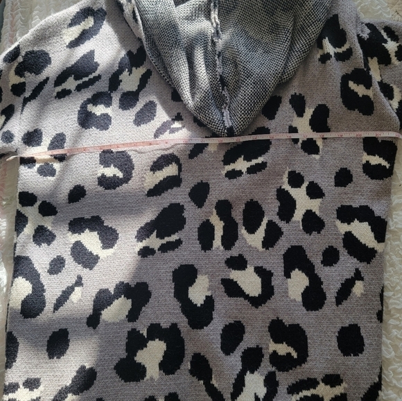 Open Front Grey Leopard Pocket Long Hooded Cardigan Size L Large - Picture 9 of 13